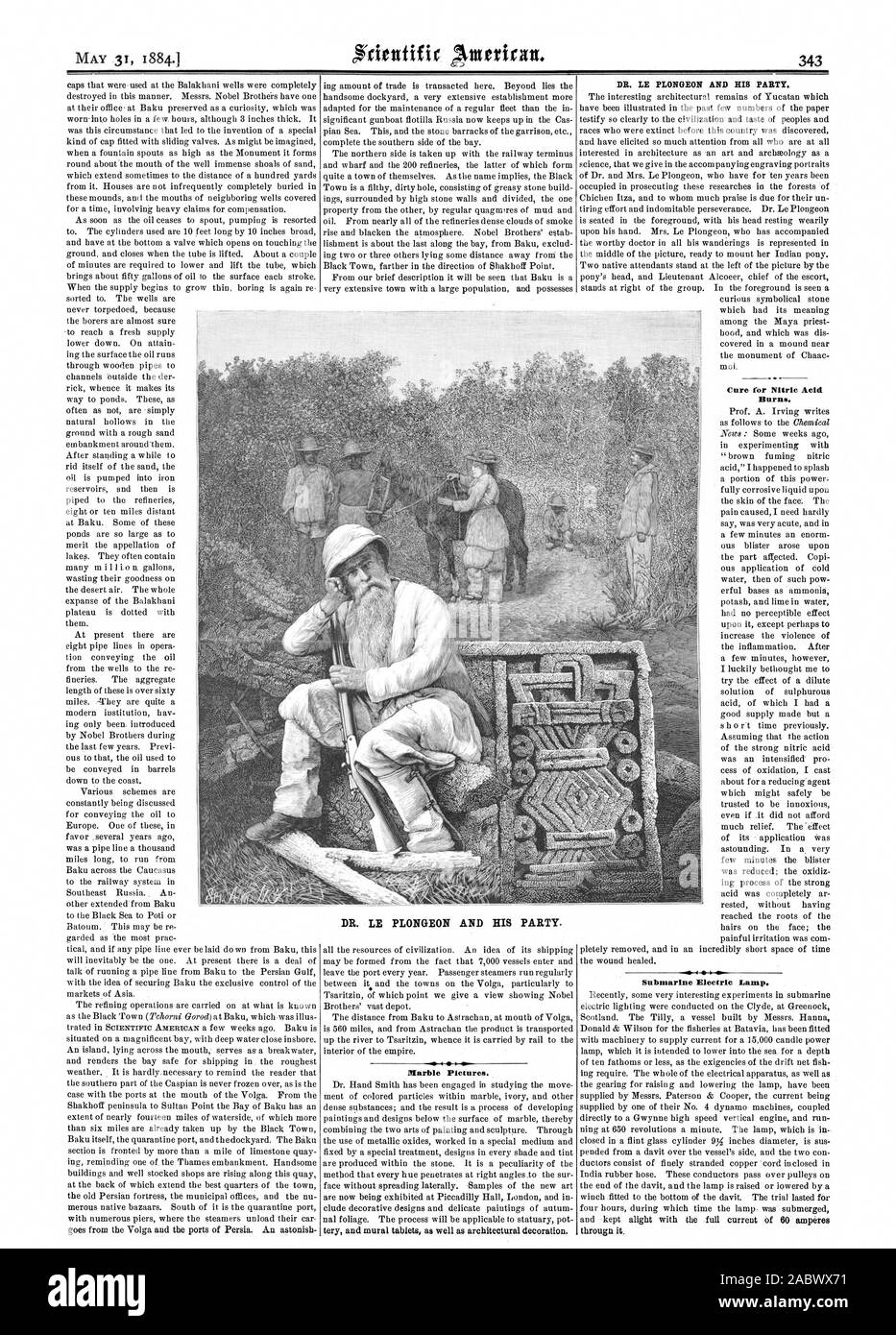 31 MAI 18841 DR. LE PLONGEON et de son parti. En images. DR. LE PLONGEON et de son parti. Remède pour les brûlures d'acide nitrique. 4 lampe électrique. Sous-marin de l'Aar, Scientific American, 1884-05-31 Banque D'Images