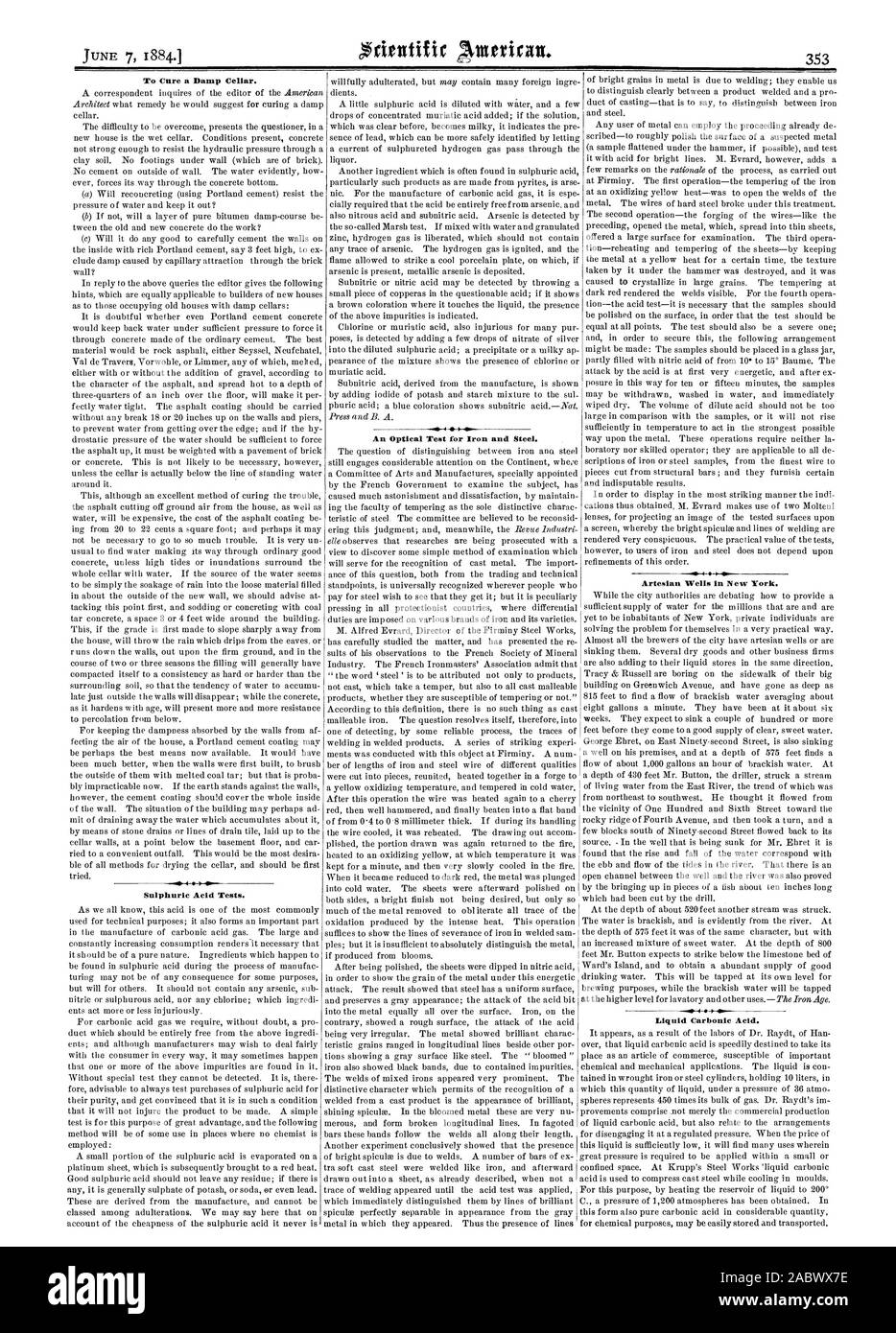 Pour guérir une cave humide. Test d'un lecteur optique pour le fer et l'acier. Puits artésiens à New York. La Liquid Carbonic acid., Scientific American, 1884-06-07 Banque D'Images