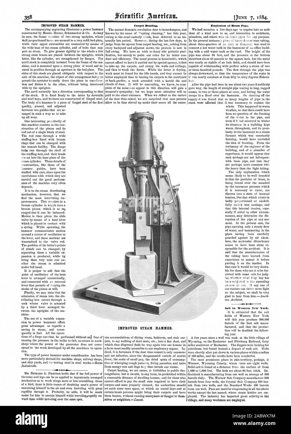 L'amélioration de steak d'un marteau. Coups de tapis. Explosion de tube de laiton. Le sel dans l'ouest de New York. L'AMÉLIORATION D'UN MARTEAU À VAPEUR., Scientific American, 1884-06-07 Banque D'Images