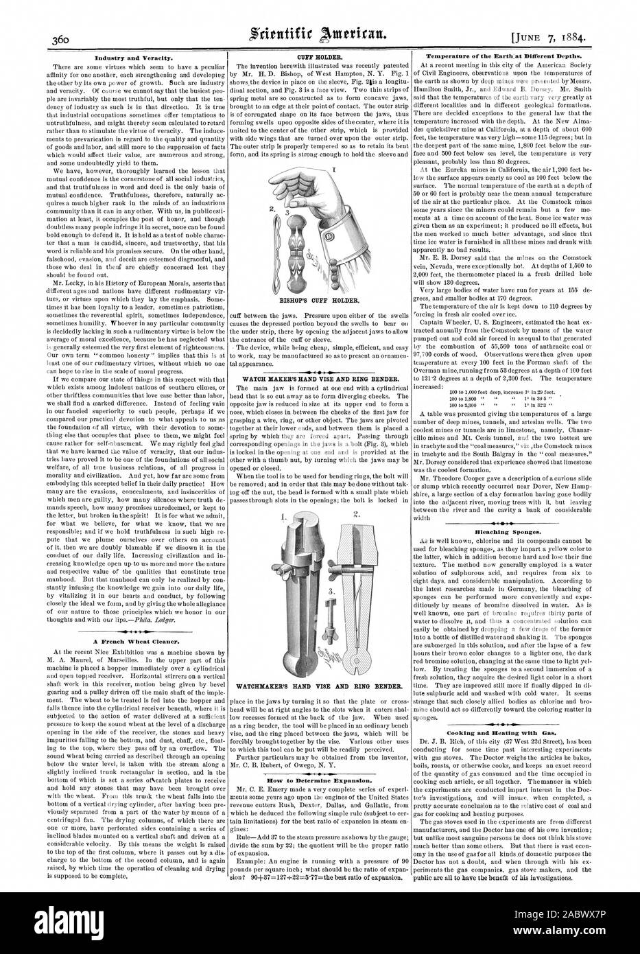 L'industrie et de véracité. Un blé français plus propre. Comment déterminer l'expansion. Température de la terre:à différentes profondeurs. Les Éponges de blanchiment. La cuisine et le chauffage au gaz., Scientific American, 1884-06-07 Banque D'Images