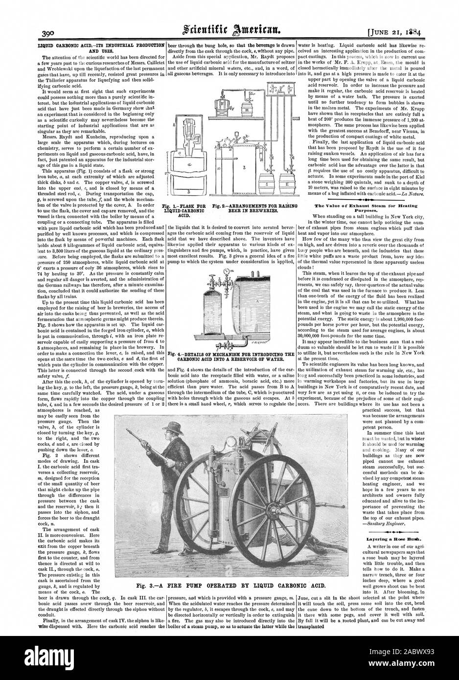 La LIQUID CARBONIC ACIDITS LA PRODUCTION INDUSTRIELLE ET LES UTILISE. La pompe à incendie exploités par la "valeur costume liquide de la vapeur d'échappement pour le chauffage. 4DÉTAILS DE MÉCANISME POUR L'INTRODUCTION DE L'ACIDE CARBONIQUE DANS UN RÉSERVOIR D'EAU. Fig. Pour IFLASK L'ACIDE CARBONIQUE LIQUIDE. Fig. 2-DISPOSITIONS POUR ACCROÎTRE LA BIÈRE DANS LES BRASSERIES., Scientific American, 1884-06-21 Banque D'Images