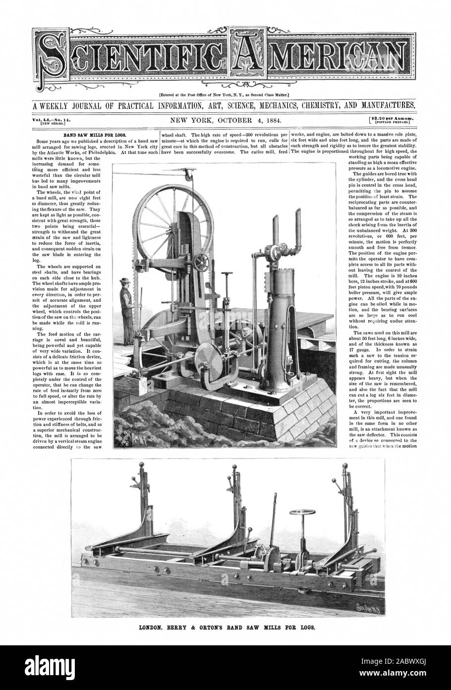 Londres BERRY & ORTON'S BAND SAW MILLS POUR LOOS BAND SAW MILLS DE GRUMES., Scientific American, 1884-10-04 Banque D'Images
