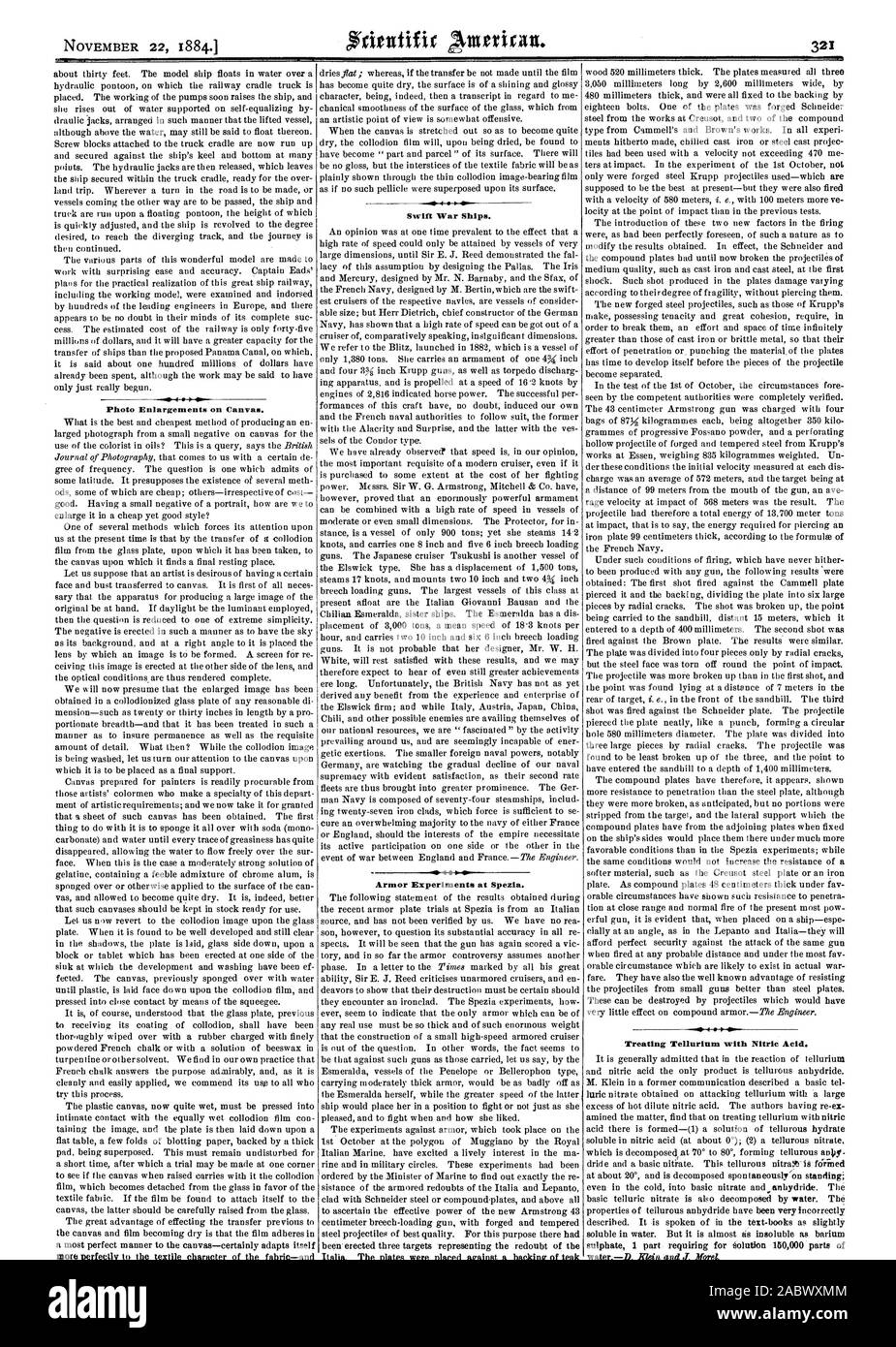 22 novembre 1884.1 Agrandissements Photo sur toile. Les navires de guerre rapide. Des expériences d'armure à Spezia. Traiter le tellure avec l'acide nitrique., Scientific American, 1884-11-22 Banque D'Images