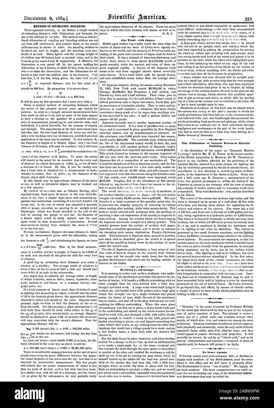 Méthodes d'estimation des distances. Nos échanges avec le Japon. Travailler à l'avantage. Le Vtilization de forces naturelles dans l'éclairage électrique. Idunium. De nouvelles Agents., Scientific American, 1884-12-06 Banque D'Images