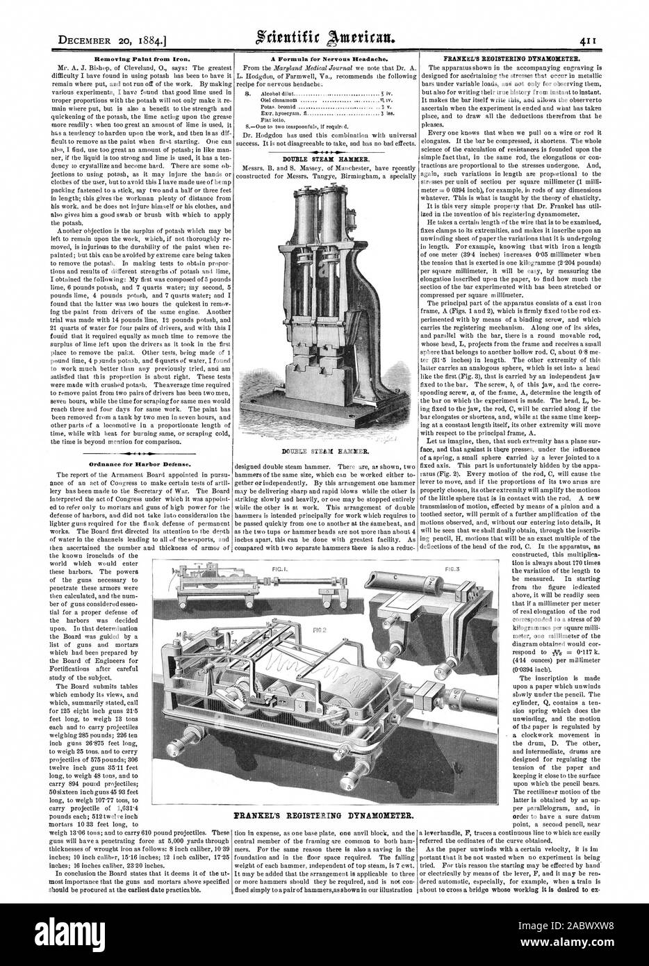 Dépose de la peinture de fer à repasser. Une formule pour les maux de tête nerveux. Marteau À VAPEUR DOUBLE. Marteau À VAPEUR DOUBLE. L'enregistrement d'essai dynamométrique. Frankel L'enregistrement d'PRANKEDS. DYNAMOMÈTRE, Scientific American, 1884-12-20 Banque D'Images
