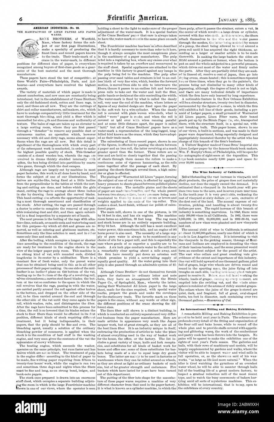INDUSTRIESNo américain. 93. L'industrie du vin de Californie. Une exposition internationale de meunerie et de boulangerie., Scientific American, 1885-01-03 Banque D'Images