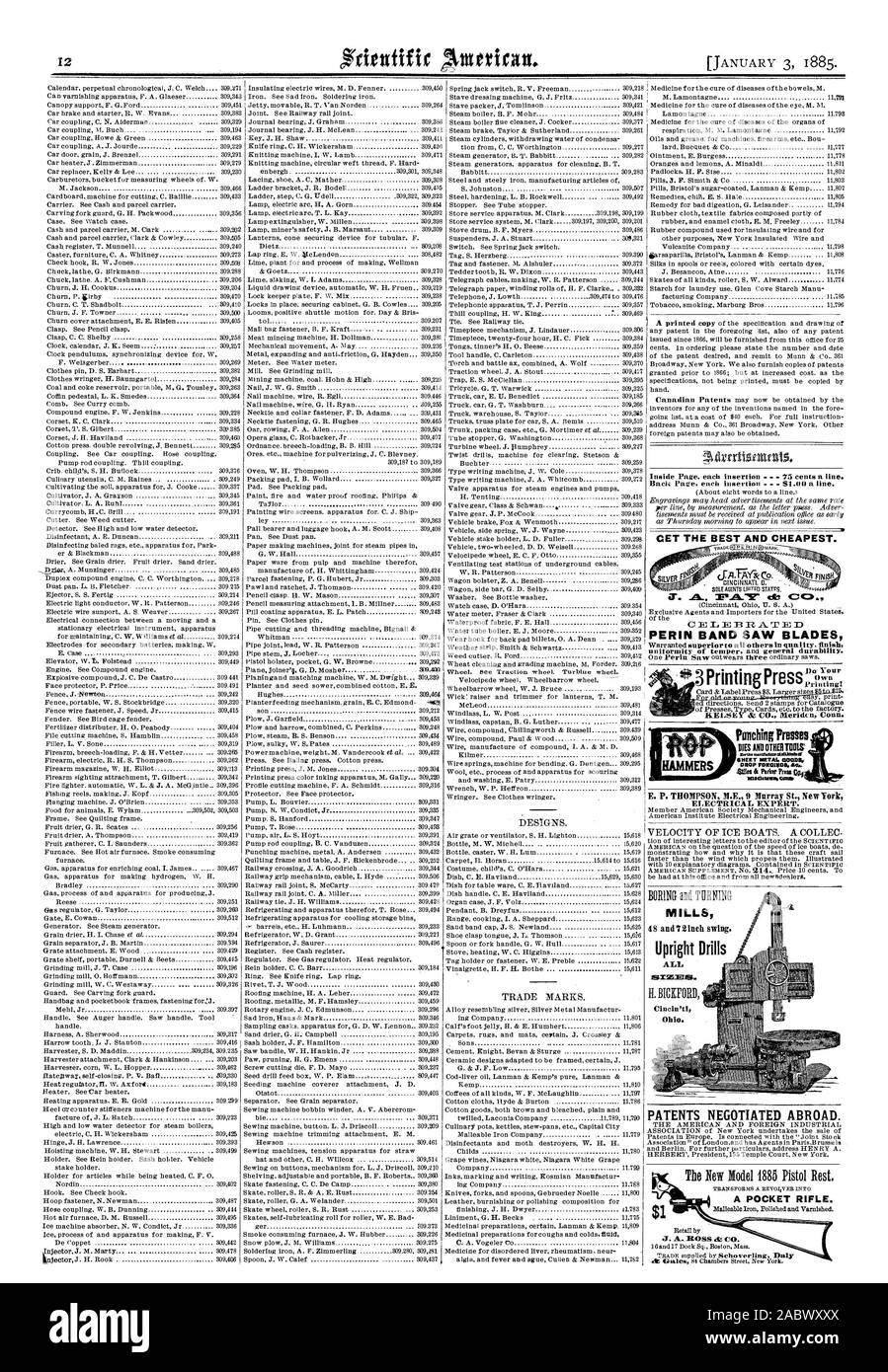 L'impression : KELSEY Az CO. lileridcn Fiche bipolaire NETAL MARCHANDISES. PORGISGS DROP.RAL. Tous les moulins Cinein'ti l'Ohio. Une poche carabine., Scientific American, 1885-01-11 Banque D'Images
