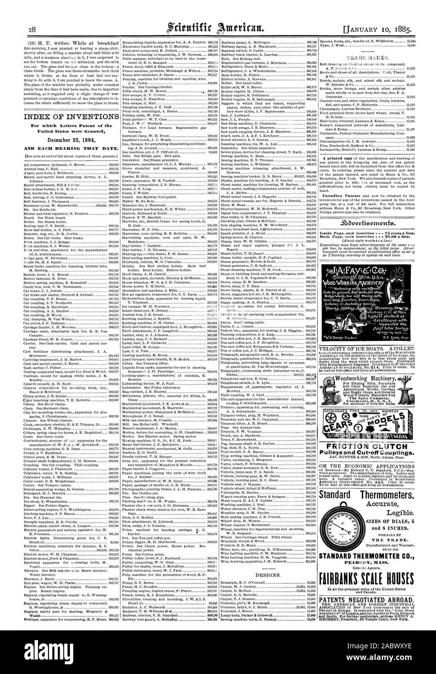 INDEX DES INVENTIONS pour lesquelles Lettres patentes de l'United States ont été octroyées le 23 décembre 1884 et chaque roulement CETTE DATE. Thermomètres standard. Lisibles. Tailles de cadrans 5 et 8 pouces. Le commerce. Thermomètre STANDARD CO. MASSE PEABODY. Les brevets à l'ÉTRANGER MAISONS FAIRBANKS négocié. L'embrayage à friction poulies et Cut-offCouplings., Scientific American, 1885-01-10 Banque D'Images