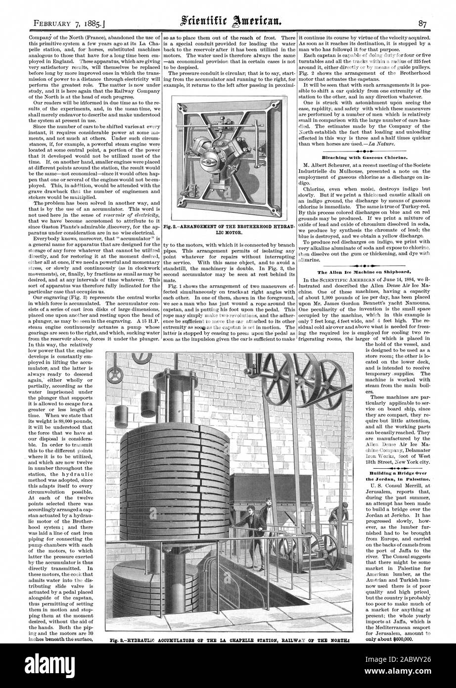 LIC MOTEUR. Blanchiment au chlore gazeux. La machine à glace Allen à bord. la Jordanie en Palestine. Fig. 3LES ACCUMULATEURS HYDRAULIQUES DE LA STATION DE LA CHAPELLE DE L'FER PAS d'E4, Scientific American, 1885-02-07 Banque D'Images