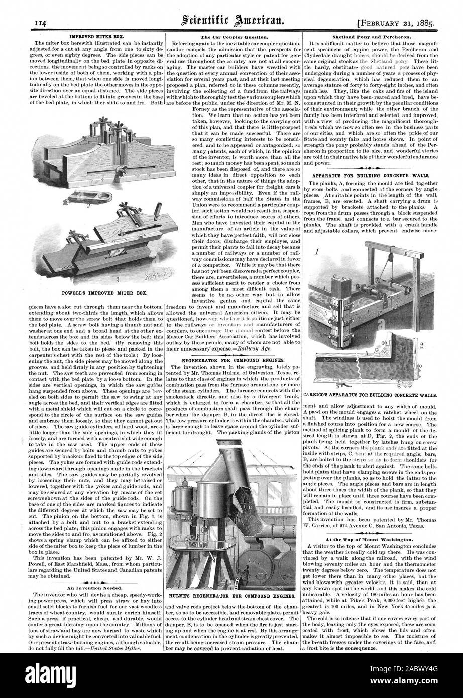 Amélioration de la boîte à onglet. Une invention nécessaire. La question de l'Accouplement de voiture. Composé RÉGÉNÉRATEUR POUR MOTEURS. HULME'S REGENERA'r OU POUR LES MOTEURS composé. Poney Shetland et percheron. Appareils pour la construction des murs. con crète IP-4. Au sommet du mont Washington. ', Scientific American, 1885-02-21 Banque D'Images