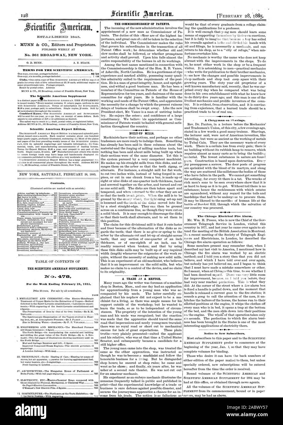 Les moulins. Un pasteur sur copeaux. L'alarme incendie de Chicago. Avis aux nouveaux abonnés., Scientific American, 1885-02-28 Banque D'Images