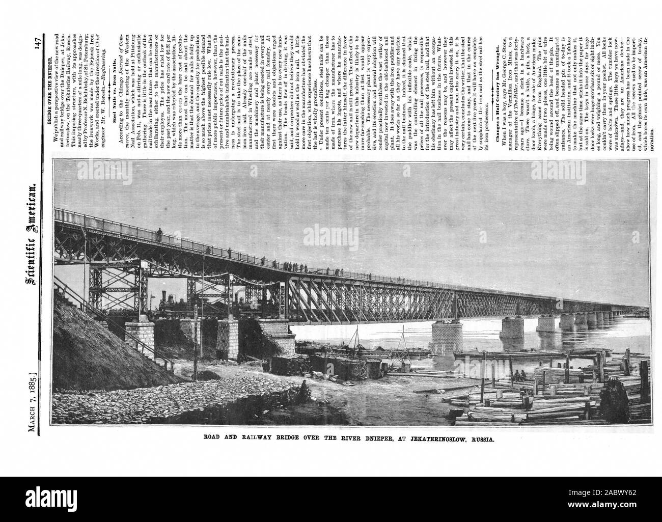 7 MARS 1885 1 PONT SUR LE DNIEPR. Clous en acier et des clous en fer. Changements qu'un demi-siècle a. forgé, Scientific American, 1885-03-07 Banque D'Images