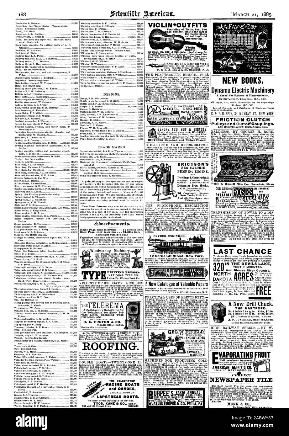 TYP TYPE NATIONAL FR IM 12 Cortlandt Street New York. THETELEREMA le téléphone. pour de courtes lignes Pri vate fins Tube parlant etc. H. E. HUSTON & CO Monticell l'Illinois. Les toitures. La célèbre RACINE ALSOALL LAPSTREAK BATEAUX TYPES DE BATEAUX. Moteur de pompage d'ERICSSON K Logements CountrySeats Delamater Iron Works, New York États-unis A. et 40 Dearborn St. Chicag III. HA WKES RÉSERVOIR D'ENCRE T. et L. A. HAWKS Bayonne N. J. AVANT DE VOUS ACHETER UN VÉLO Vélos réparés et nickelé. Nouveau catalogue de documents de valeur GE 0 Nous FIFIELD. masse = Adresse DU FICHIER JOURNAL FECT MUNN 8c Co. de la CAC efferzce arrd Banque D'Images