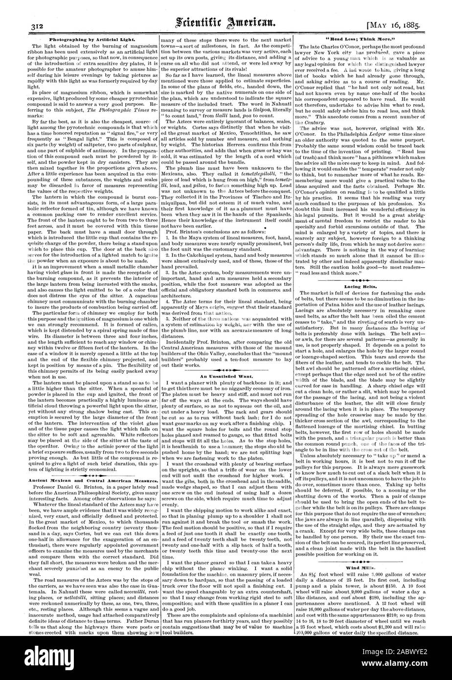 La photographie en lumière artificielle. Amérique Centrale et du Mexique anciennes mesures. Une position de choix. 'Lire moins ; penser plus." Le laçage des courroies. Moulins à vent., Scientific American, 1885-05-16 Banque D'Images