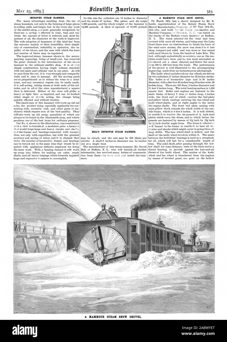 L'AMÉLIORATION D'UN MARTEAU À VAPEUR. L'AMÉLIORATION DE LA MACHINE À VAPEUR DE BELL d'un marteau. Une gigantesque machine à vapeur pelle à neige. Une gigantesque machine à vapeur pelle à neige., Scientific American, 1885-05-23 Banque D'Images