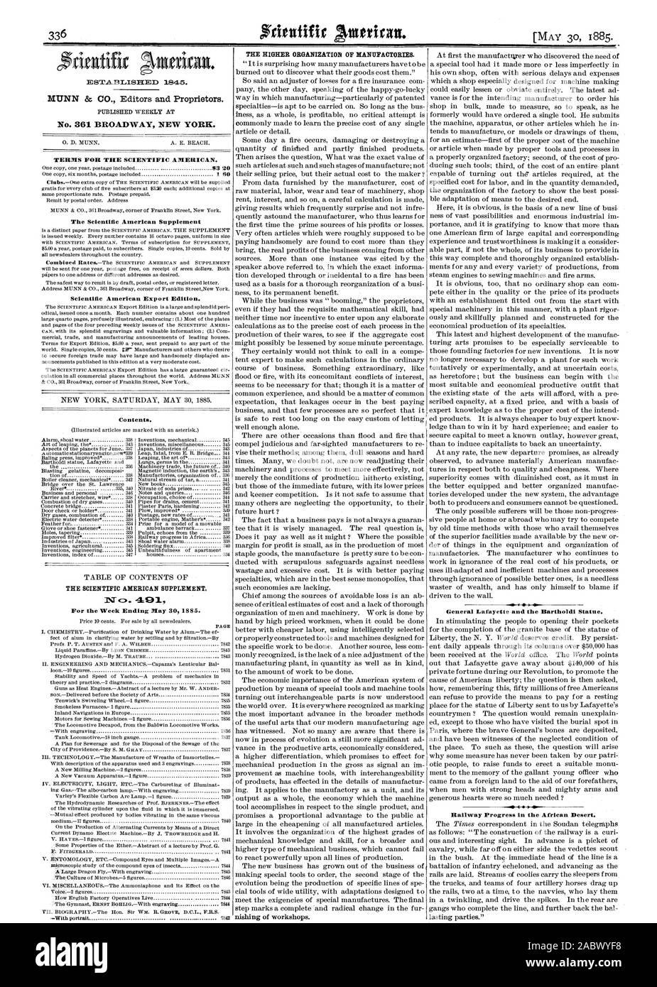 No 361 BROADWAY NEW YORK. Conditions POUR LE SCIENTIFIC AMERICAN. Le Scientific American Scientific American Supplement Édition exportation. Table des matières. Le SCIENTIFIC AMERICAN SUPPLEMENT Pour la semaine se terminant le 30 mai 1885. L'ORGANISATION SUPÉRIEURE DE MANUFACTURES. Le Général Lafayette et la statue de Bartholdi. Cours de chemin de fer dans le désert africain., 1885-05-30 Banque D'Images