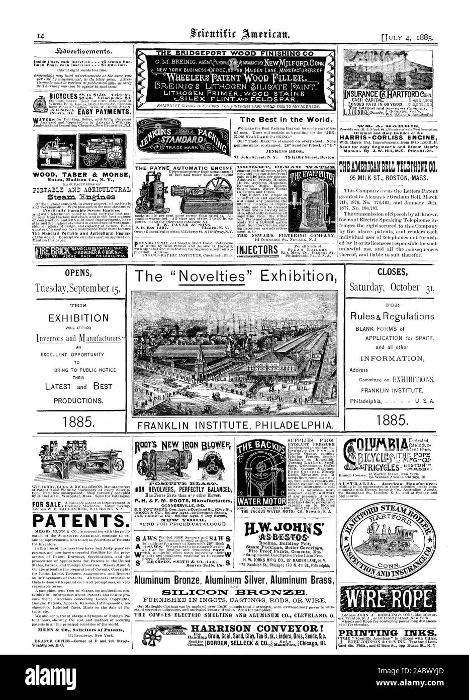 Les vélocipèdes 3 $. TABER BOIS & MORSE Madison Eaton Co. N. Y. ET PORTABLE Les machines à vapeur AGRICOLES LE ENCINF AUTOMATIQUE PAYNE B. W. J'A'W & SONS. HARRIS L'INJECTEUR MOTEUR CORLISS Manuel. Par J. W. Hill M.E. : $1.25. La finition du bois BRIDGEPORT C Le Meilleur au Monde. JENKINS BROS. Exposition PERMETTRA T PRODUCTIONS. 1885. FRANKLIN Institute de Philadelphie. Règlement 1885 Règles& se ferme. Les brevets. NUNN & CO. procureurs de brevets Washington D. C. REVOLVERS FER équilibrer parfaitement) CON NEREIViLLE IND. W JOHNS Bâtiment Toitures peintures à l'épreuve du feu, etc.. un échantillons Ciments et descriptif Banque D'Images