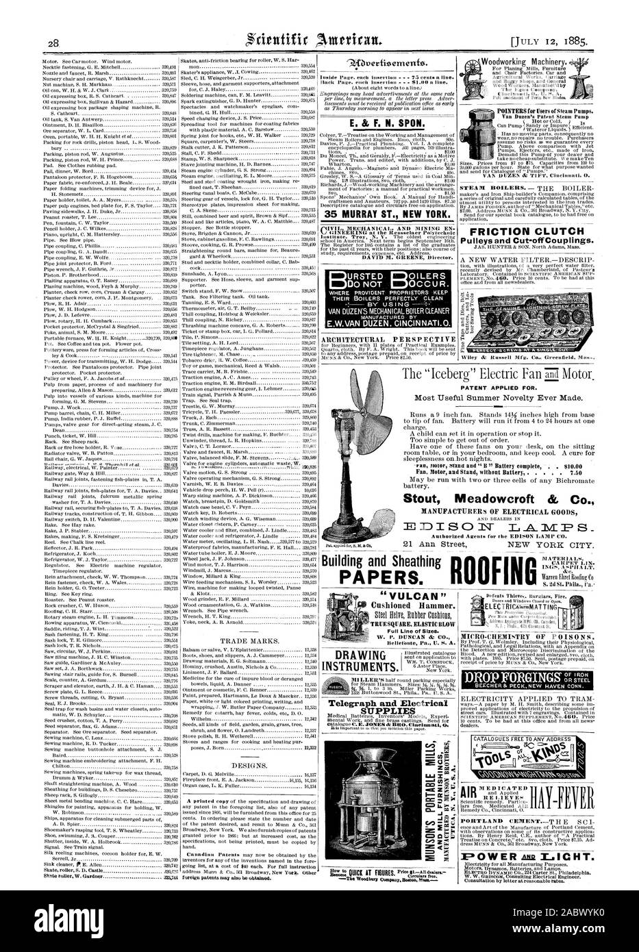 Des OILERS D'URSTED NE SE PRODUISENT PAS. E.W.VAN DUZEN CINCINNATI.O. Telegraph et de fournitures électriques . Van Duzen pompe à vapeur de brevets de l'embrayage à friction poulies et Cut-offCouplings. MICRO-chimie des poisons. Marteau rembourré. Gamme complète de tailles. ELECTRICAFEniiMATTING brevet demandé. La nouveauté de l'été les plus utiles jamais réalisé. Meadowcroft Stout & Co. LES FABRICANTS DE PRODUITS ÉLECTRIQUES  =DISOW Agents autorisés pour l'EDISON Lamp Co. de papiers. L'air, Scientific American, 1885-07-11 Banque D'Images