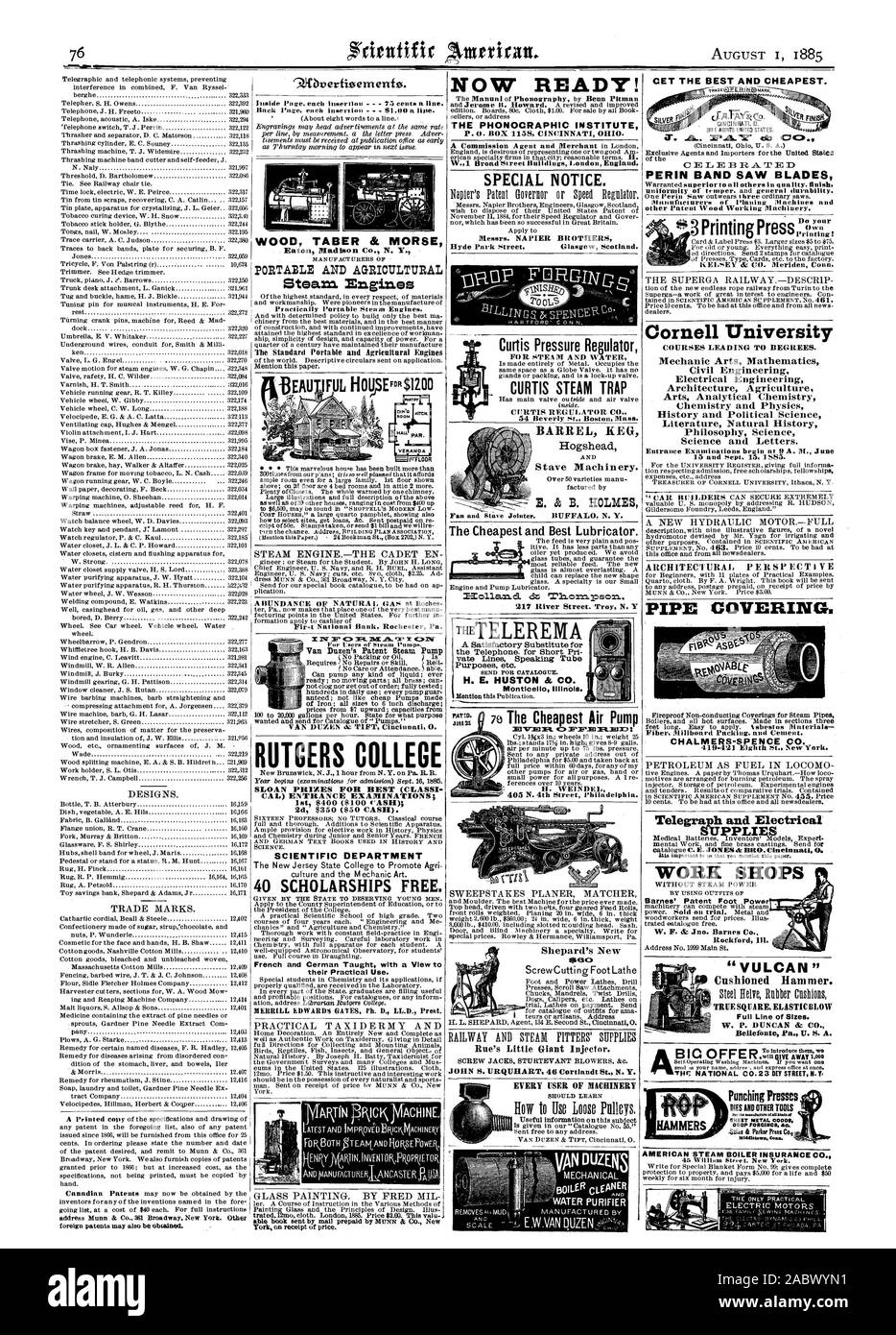 Est-ce que vos 45 Willium Street New York. Les SEULS MOTEURS ÉLECTRIQUES PRATIQUES presses de poinçonnage PORCINE BAISSE  % AEL 'VULCAN' marteau rembourré. wTRUE COUP ÉLASTIQUE CARRÉ Bellefonte Pa U. 8. A. Curtis offre BIC POUR RÉGULATEUR DE PRESSION DE VAPEUR ET L'EAU CURTIS SÉPARATEUR DE VAPEUR BARIL FÛT ET E. & B. HOLMES BUFFAL N. Y. Barnes' pied Brevets Power Rockford malade, Scientific American, 1885-08-01 Banque D'Images