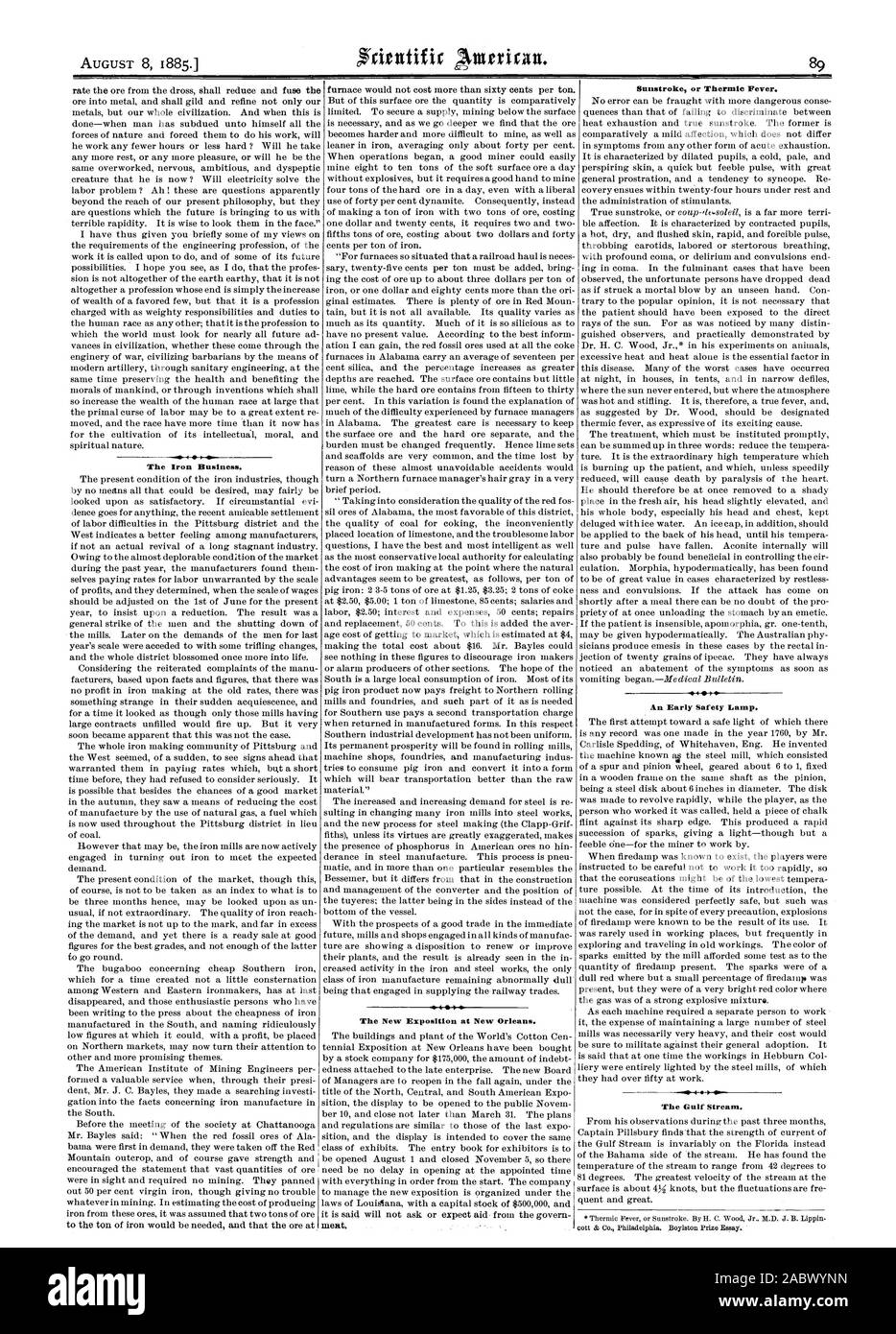 Le fer à repasser. La nouvelle exposition à la Nouvelle-Orléans. L'insolation ou thermiques de la fièvre. Une lampe de sûreté. Le Gulf Stream., Scientific American, 1885-08-08 Banque D'Images