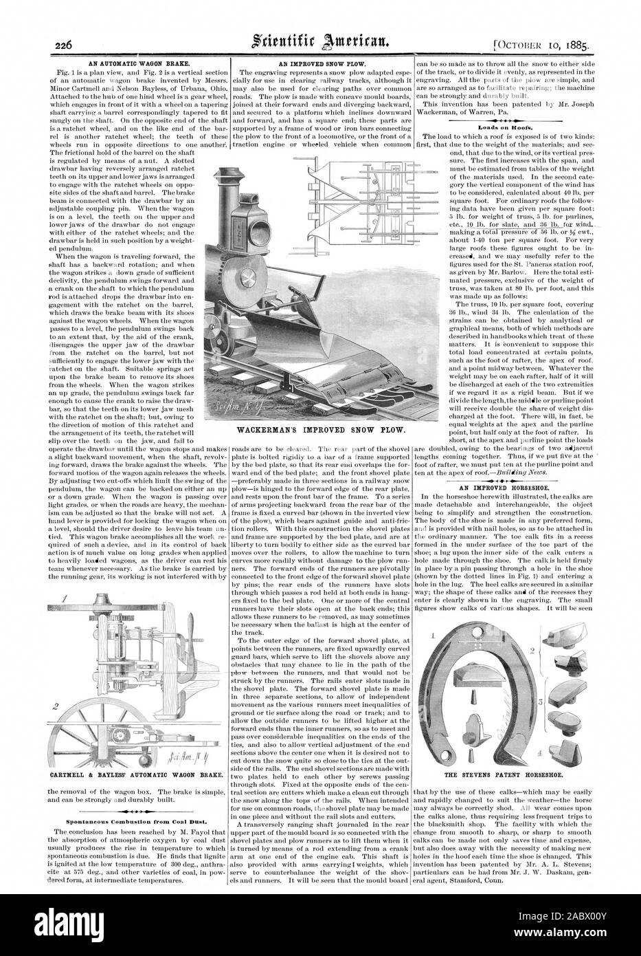 Un frein de chariot automatique. Combustion spontanée à partir de la poussière de charbon. L'amélioration du chasse-neige. Charges sur les toits. L'AMÉLIORATION DE HORSESHOE., Scientific American, 1885-10-10 Banque D'Images