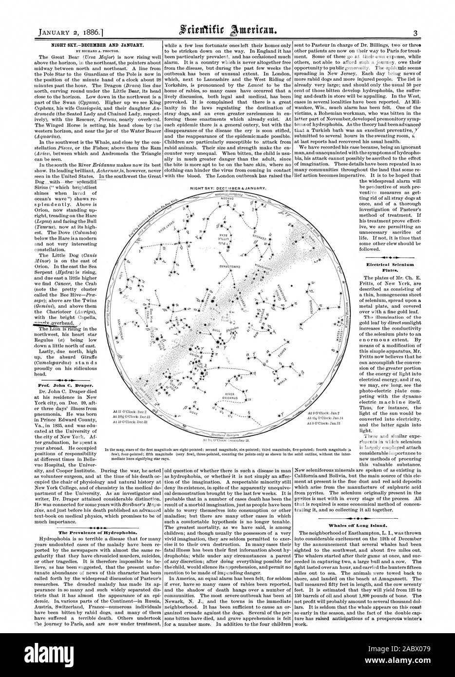Nuit SKYDECEMBER ET JANVIER. Par RICHARD A. Proctor. Le professeur John C. Draper. La prévalence de l'hydrophobie. Les plaques électriques le sélénium. Les baleines au large de Long Island. Ciel nocturne : &DÉCEMBRE JANVIER. À l'O'Clock : Dec.7 à 10 heures. Dec.23, Scientific American, 1886-01-02 Banque D'Images
