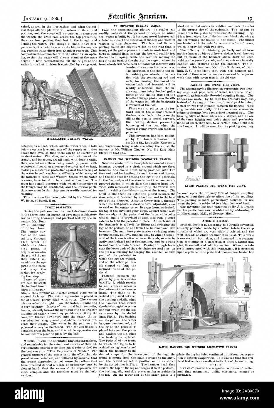 Destructeur d'insectes. L'AMÉLIORATION DE DUMPING d'une familiale. Marteau pour souder les cadres de la locomotive. Cuir artificiel. Emballage pour les tuyaux de vapeur. MIXTE, Scientific American, 1886-01-09 Banque D'Images