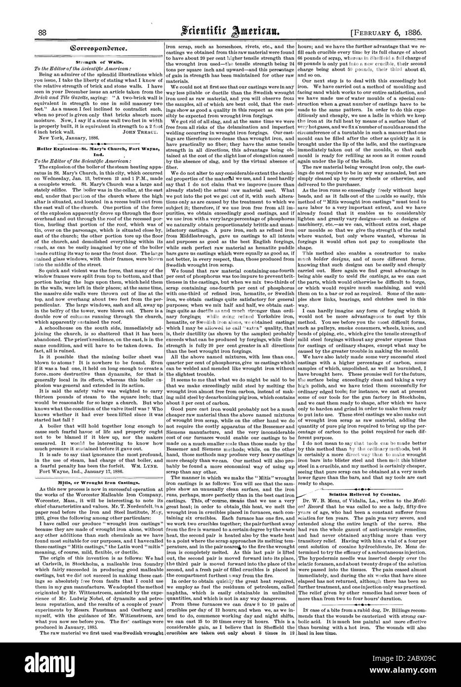 Force des murs. Explosion de chaudière-St. Mary's Church Fort Wayne Ind. des mitaines ou des pièces en fer forgé. 4 14. La sciatique soulagée par la cocaïne., Scientific American, 1886-02-06 Banque D'Images