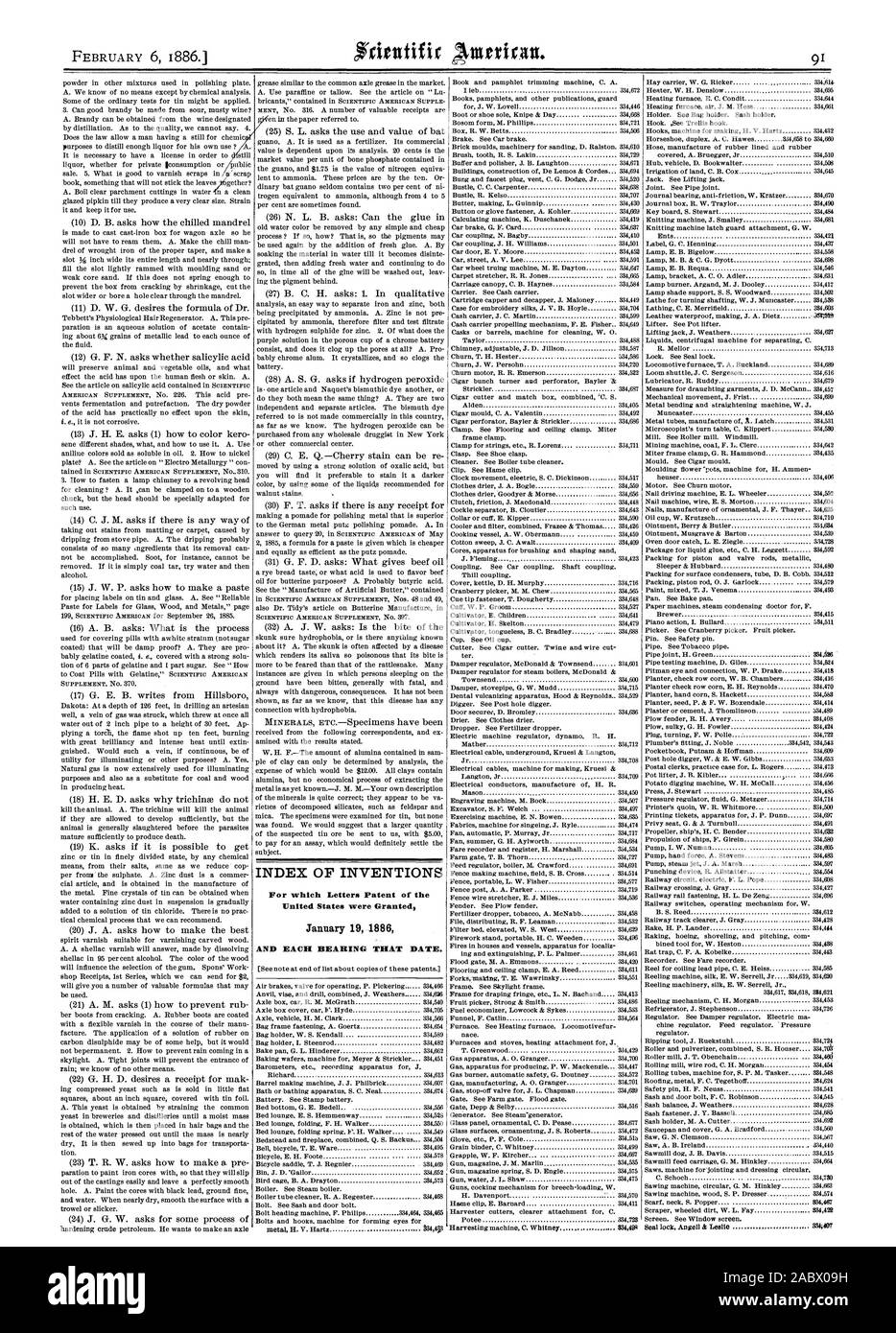 INDEX DES INVENTIONS pour lesquelles Lettres patentes de l'United States ont été octroyées le 19 janvier 1886 et chaque roulement CETTE DATE., Scientific American, 1886-02-06 Banque D'Images