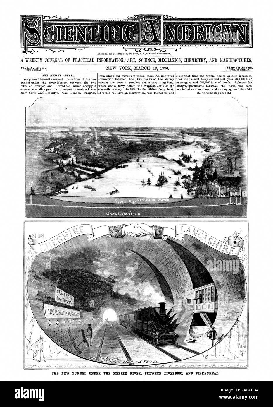 Le nouveau TUNNEL SOUS LA RIVIÈRE MERSEY ENTRE LIVERPOOL . Et Birkenhead. Vol. LIVNo. .1 183,20 par an. L [PORT PAYÉ. Le Mersey TUNNEL., Scientific American, 86-03-13 Banque D'Images