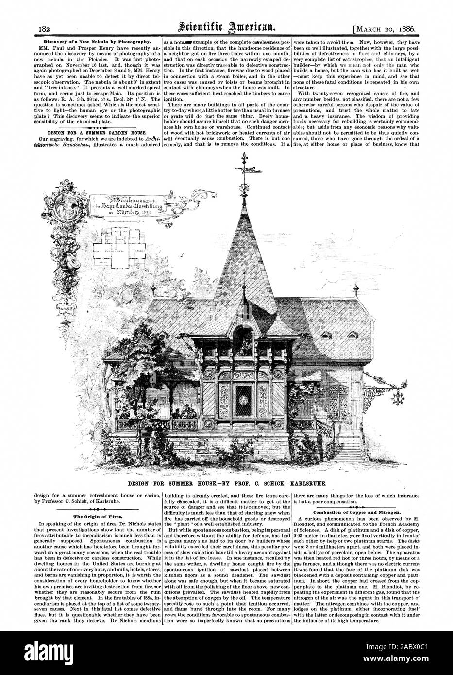 Découverte d'un nouveau Nebula par la photographie. Conception D'UN SUMBIER maison du jardin. Pour la conception de maison d'été.-PAR LE PROF. C. SCHICK KARLSRUHE. L'origine d'incendies. Combustion de cuivre et de l'azote., Scientific American, 1886-03-20 Banque D'Images