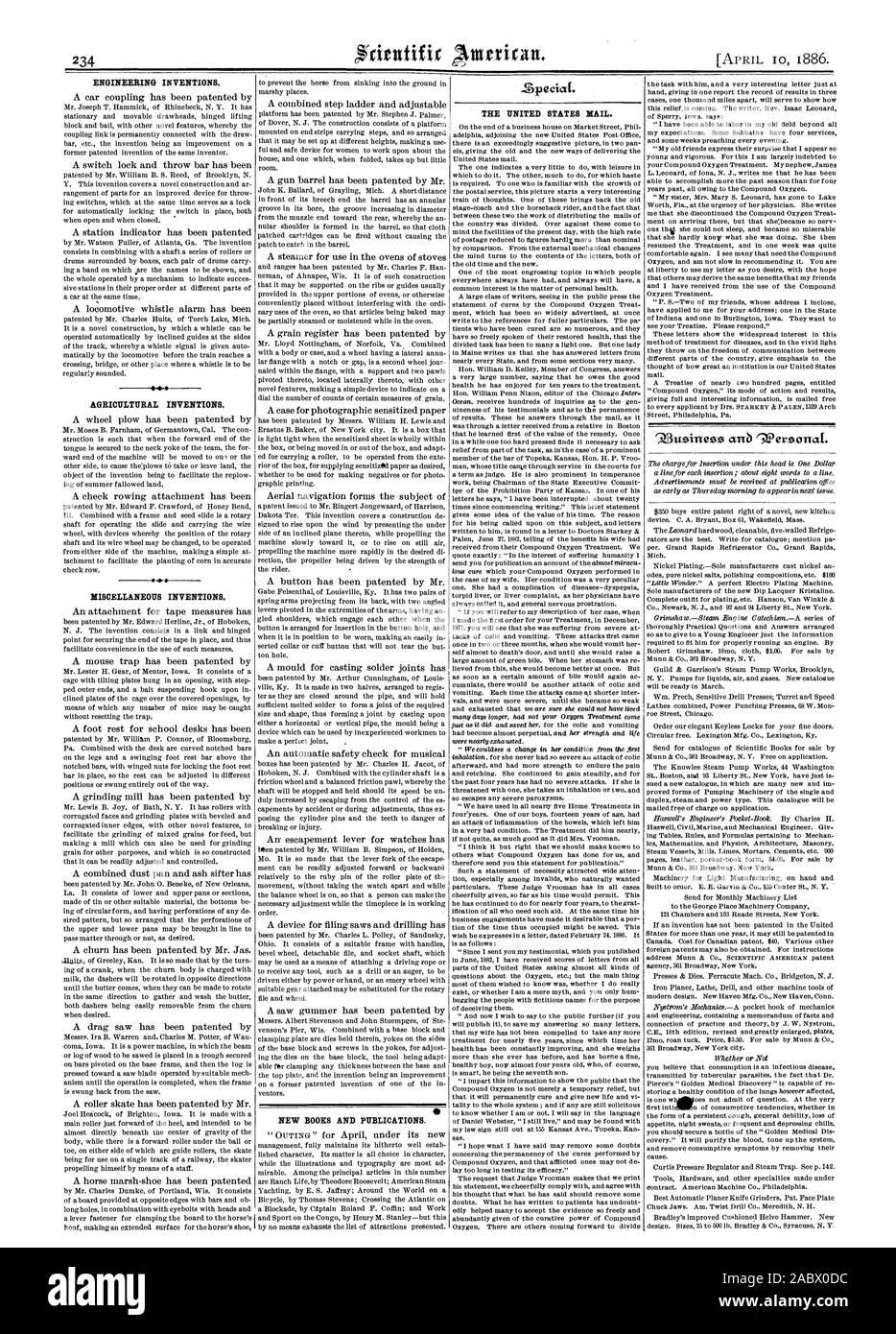 Les inventions techniques. Les inventions agricoles. Dispositions diverses inventions. De nouveaux livres et de publications. - %Peciat. L'UNITED STATES MAIL. a3usineo.s 'Wersonat. d'ANB, Scientific American, 1886-04-11 Banque D'Images