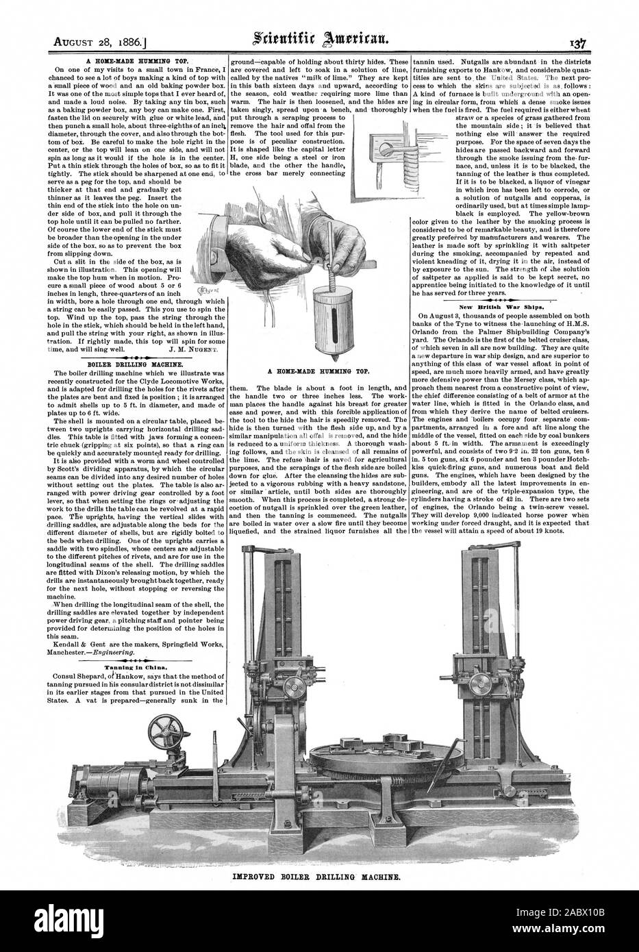 Un home-made HUMMING TOP. MACHINE DE FORAGE CHAUDIÈRE. vID 4044 bronzage dans la Chine. De nouveaux navires de guerre britannique. L'AMÉLIORATION DE LA MACHINE DE FORAGE CHAUDIÈRE., Scientific American, 1886-08-28 Banque D'Images