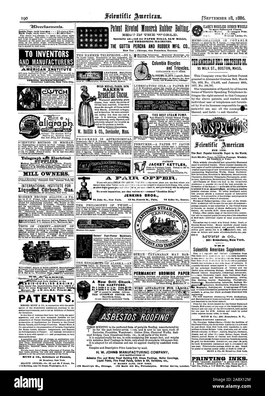 Institut américain de New York. Le télégraphe électrique aittl propriétaires de scieries. Institut INTERNATIONAL POUR LES ESSAIS D'CEMENTREPORT DE PARIS 1878 MÉDAILLE D'or. Broakast du boulanger du cacao. Vendu en magasin partout. La PHILOSOPHIE DE LA TORSION Barnes' Foot-Power Machines. THE HARTFORD. Hartford Connecticut Colombie-britannique Bicyclettes et tricycles. Le MEILLEUR DE LA POMPE À VAPEUR. Le brevet de Van douzaine de pompe à vapeur. Bouilloires VESTE SUIS:RICA WEE Q. 95 RUE DU LAIT. Masse de Boston. accordé à Alexander Graham Bell 7 mars 1876 n° 174465 et le 30 JANVIER DE LA POUR 1586. Papier SeletIlle les plus populaires dans le monde. mesure t MT.71 1'1 T 36 I ez CO. Banque D'Images