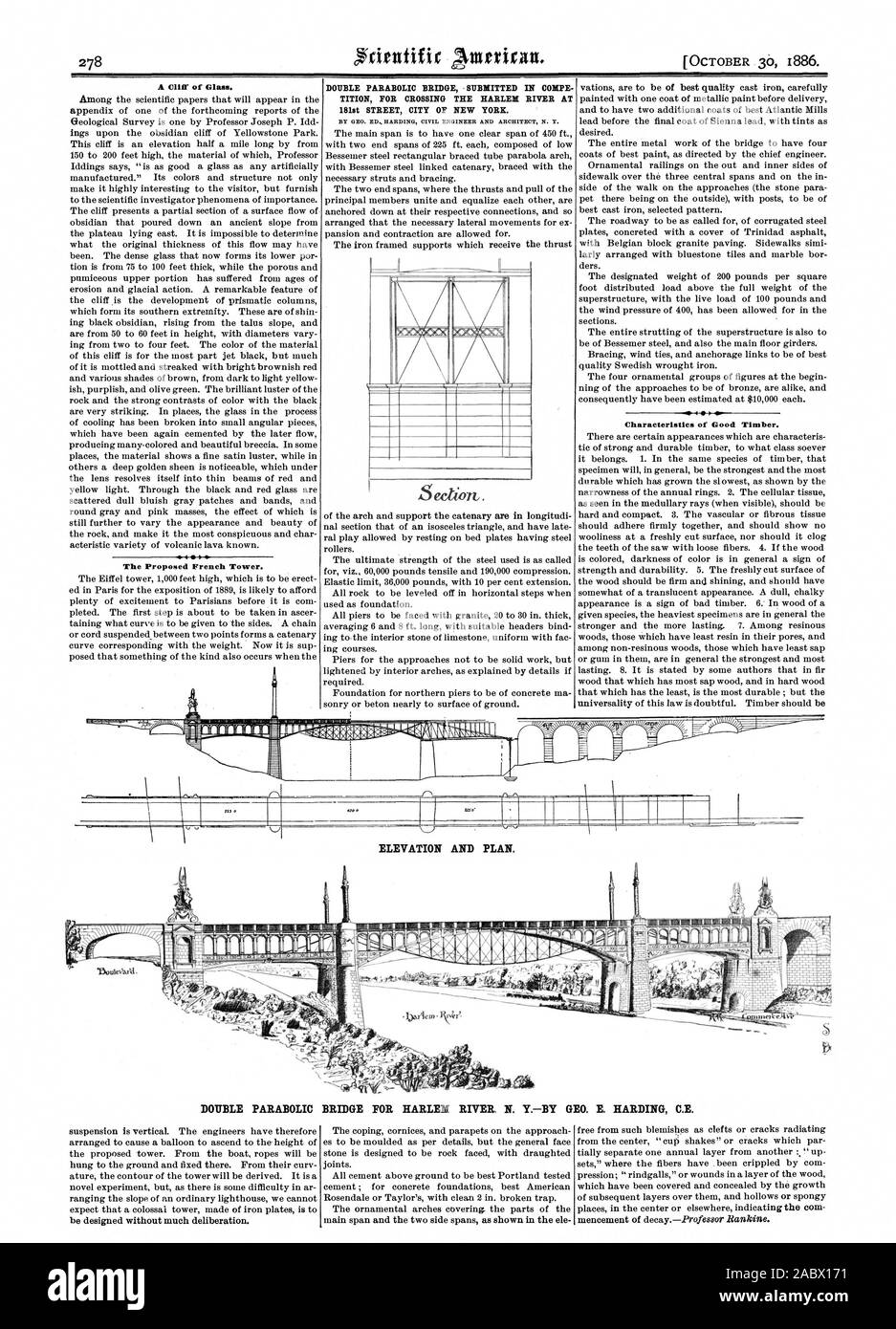 Une falaise de verre. Le projet de tour française. Pont PARABOLIQUE DOUBLE SOUMIS EN COMPE TITION DE TRAVERSÉE DE L'HARLEM RIVER au 181e RUE VILLE DE NEW YORK. Par GEO. ED HARDING INGÉNIEUR CIVIL ET ARCHITECTE N. Y. peint avec une couche de peinture métal avant la livraison, les caractéristiques des Bons Bois. Parabolique DOUBLE PONT POUR HARLEM RIVER N. YBY GEO. E. SMITH C.E. t23 fS' F. L'ÉLÉVATION ET PLAN. être conçus sans beaucoup de délibération., Scientific American, 1886-10-30 Banque D'Images