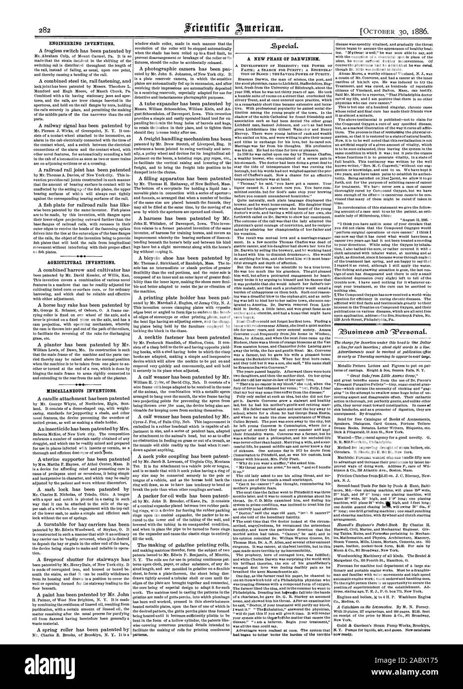 Les inventions techniques. Les inventions agricoles. Dispositions diverses inventions. Une nouvelle phase du darwinisme., Scientific American, 1886-10-11 Banque D'Images