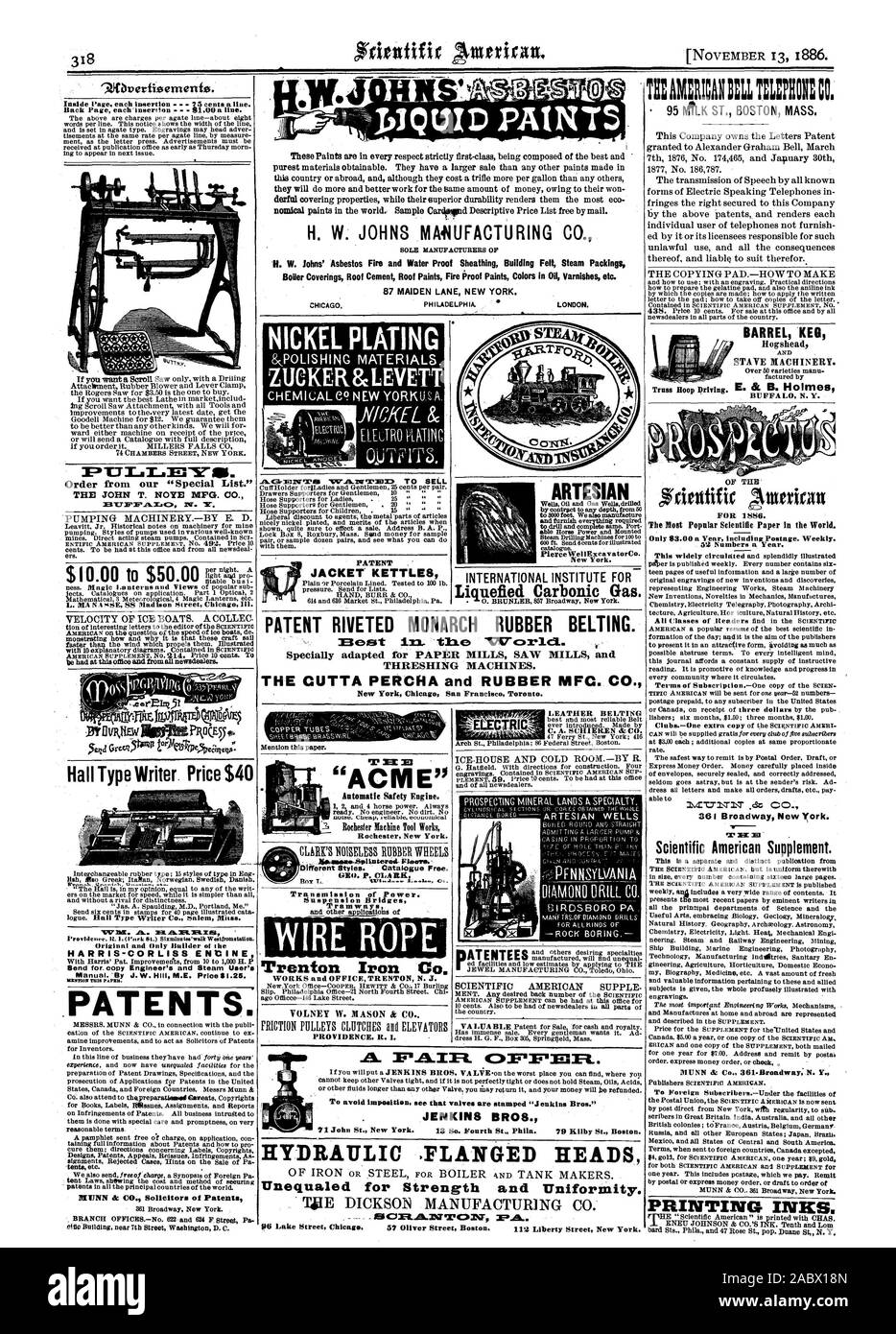 Catalogue gratuit. Courroie de caoutchouc MONARCH RIVETÉ DES BREVETS. Spécialement adaptés pour les scieries et les usines de papier des batteuses. New York Chicag San Francisc Toronto. Voir d'éviter d'imposer que les vannes sont estampillés 'Jenkins Bros.' JENKINS BROS. 71 John St. New York. 13 So. Quatrième St" Phila. 79 Kilby St. à Boston. .Hydraulique TÊTES À BRIDE pour la force inégalée et d'uniformité. DICKSON TgE CO.      s ort.a.sorrcaw, Scientific American, 1886-11-13 Banque D'Images
