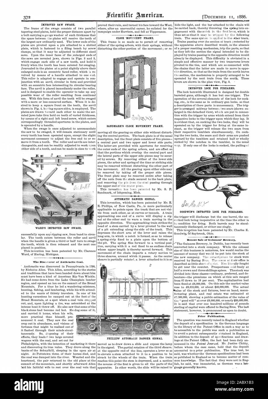 Vu l'amélioration estamper. L'AMÉLIORATION DE QUARTIERS VU ESTAMPER. Le découvreur de l'Anthracite. Réveil 'Movement cadre. Le MOUVEMENT D'HORLOGE SANDMARK CADRE. SIGNAL DE DANGER AUTOMATIQUE. PHILLIPS' SIGNAL DE DANGER AUTOMATIQUE. MIMI:WED LOCK POUR ARMES À FEU. Verrouillage AMÉLIORÉ DE GOODWIN, armes à feu ennemi. Avant publication., Scientific American, 1886-12-11 Banque D'Images