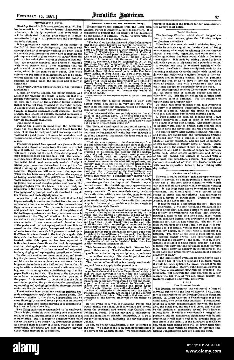 12 février 1887.1 L'amiral Porter sur la marine américaine. Recettes utiles. 4 Curiosités V d'alliages. Nouveau canal. Russe, Scientific American, 1887-02-12 Banque D'Images