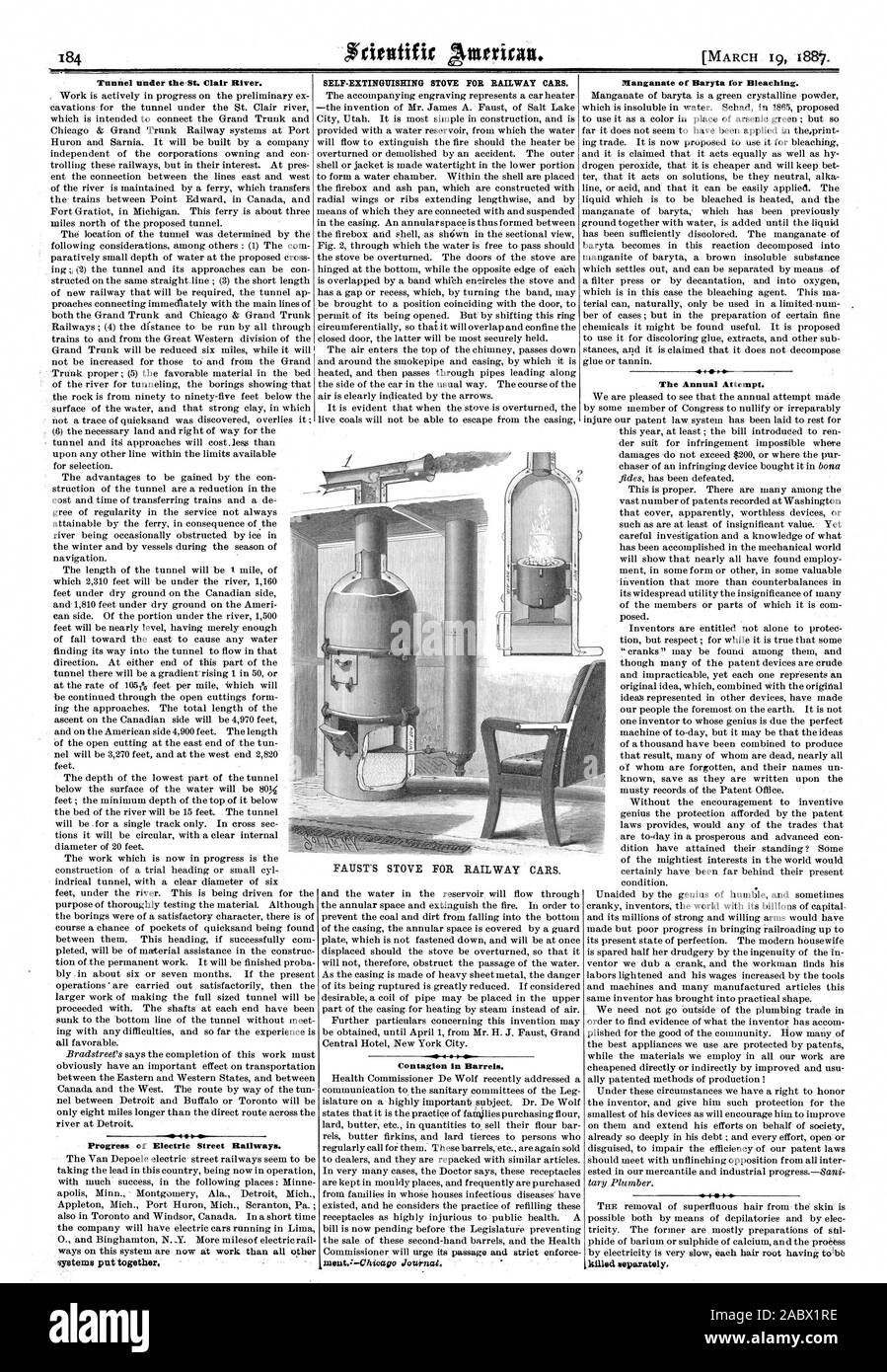 Tunnel sous la rivière Sainte-Claire. Central Hotel New York City. Contagion dans des barils. Dlanganate de baryte pour le blanchiment. La tentative annuelle. tué séparément. Progrès de l'Electric Tramways. trate = mis ensemble. FAUST'S STOVE POUR VOITURES DE CHEMIN DE FER., Scientific American, 1887-03-19 Banque D'Images