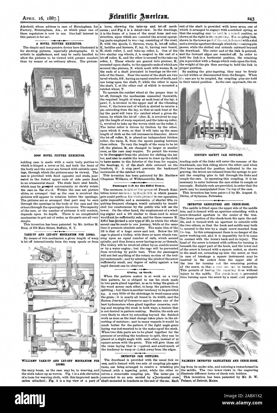 Un roman photo exposant. BOOS' ROMAN PHOTO EXPOSANT. WILLIAMS' et laissez-le mécanisme pour métiers à tisser. Ascenseur pour la tour Eiffel. Le stock d'encollage. L'amélioration de l'arbre d'accouplement. VOITURE monté entre crochets à l'extrémité de la voiture. Chaque DIETZE'S SAFETY-CAR L'accouplement. Palmer de Detroit Maine., Scientific American, 1887-04-16 Banque D'Images