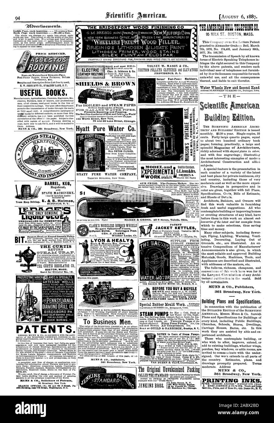 E. W. TOEITS Ii1'0 CO. 87 MAIDEN LANE N. Y . Livres utiles. MUNN & CO. 361 Broadway New York. Prix réduit. BUFFAL N.Y. MÉDAILLES À FROID. La CURTIS RETOUR ST =.41-1VX piège. Masse de Boston. Baril fût Hogshead discontinue des machines. Le bois BRIDGEPORT FL SH G C Le meilleur et la plus BELL. SHIELDS & BROWN POUR LES CHAUDIÈRES ET LES TUYAUX DE VAPEUR empêche la transpiration et le gel. La meilleure Non-Con dactor de chaleur froid dans la doc.le monde 143 rue de New York. 78 et 80 Lake Street, Chicago. La COMPAGNIE DES EAUX DE HYATT PURE des styles différents. Catalogue gratuit. Etat Lyon & Healy & MONROE STS CHICAG VOIfi MAHER & OCNA 40 Rue S'Ohio Toled Banque D'Images