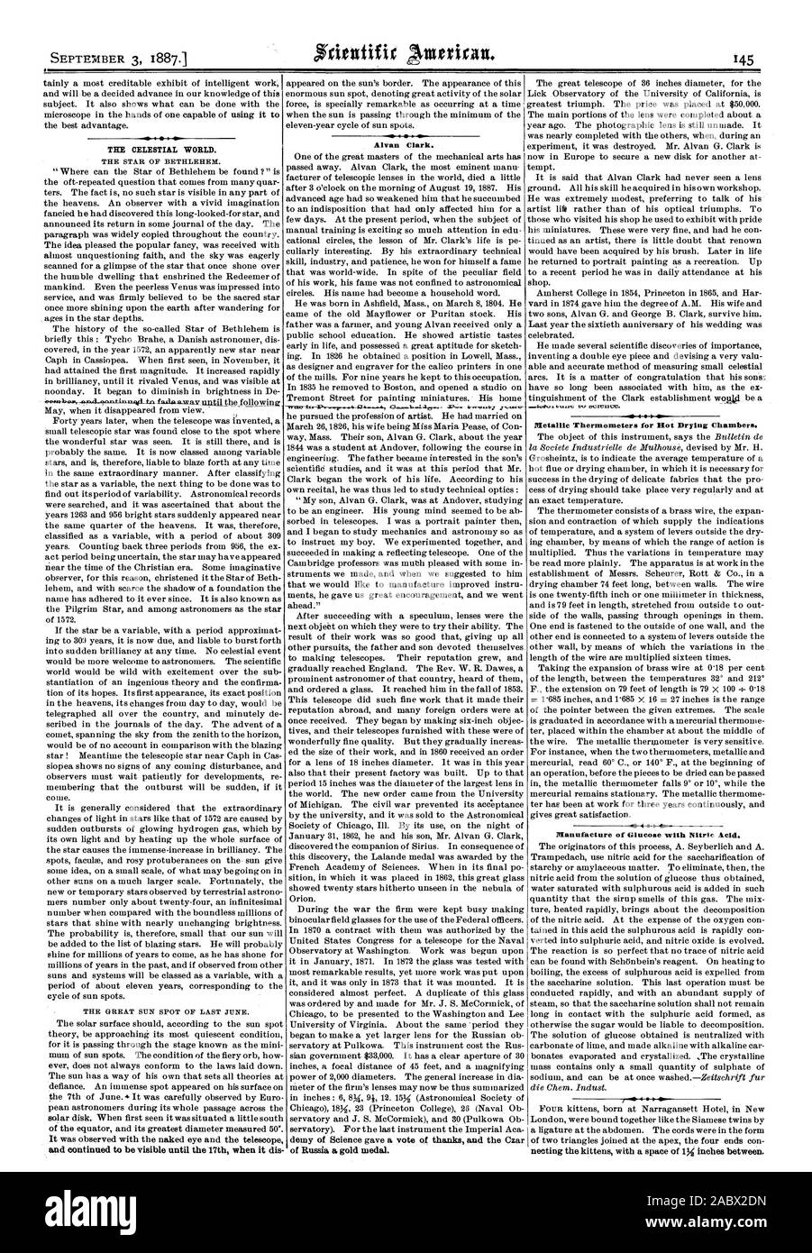Niveau monde céleste. L'étoile de Bethléem. La GRANDE TACHE DE SOLEIL EN JUIN DERNIER. et a continué à être visible jusqu'à la 17e lorsqu'il dis Alvan Clark. de Russie une médaille d'or. Fabrication de glucose à l'acide nitrique., Scientific American, 1887-09-03 Banque D'Images