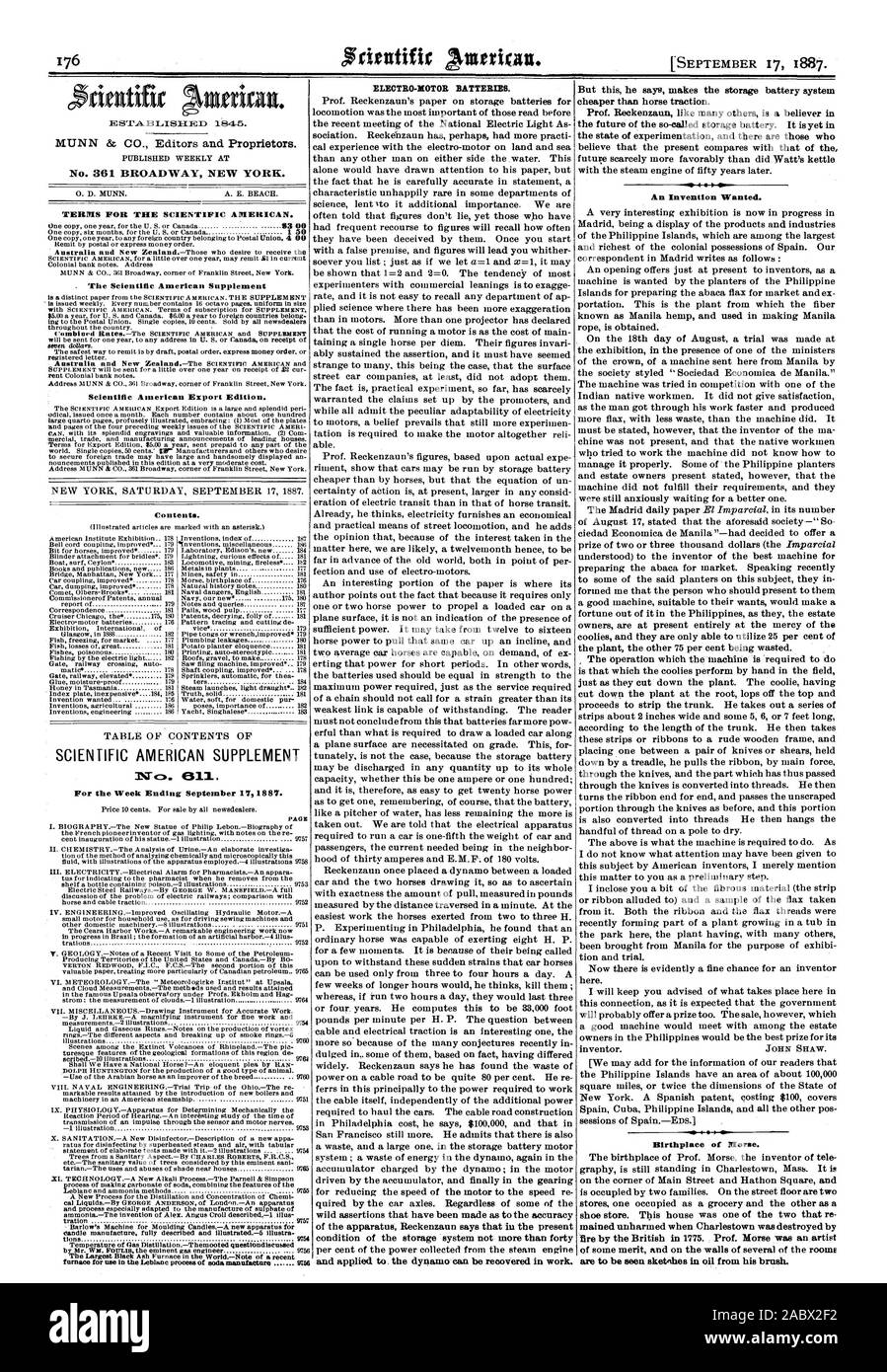 Semaine se terminant en septembre 171887. PAGE et appliqué à la dynamo peut être récupéré dans le travail. Mais cela explique-t-il fait le système de batterie de stockage moins coûteux que l'adhérence. Pr. Reckenzaun comme beaucoup d'autres est un croyant en l'avenir de la dite batterie de stockage. Il est pourtant dans l'état d'expérimentation et il y a ceux qui croient que l'actuel se compare à celle de l'futue guère plus favorable que n'Watt électrique avec le moteur à vapeur de cinquante ans plus tard. Une invention voulait. Une très intéressante exposition est actuellement en cours à Madrid est une exposition des produits et Banque D'Images