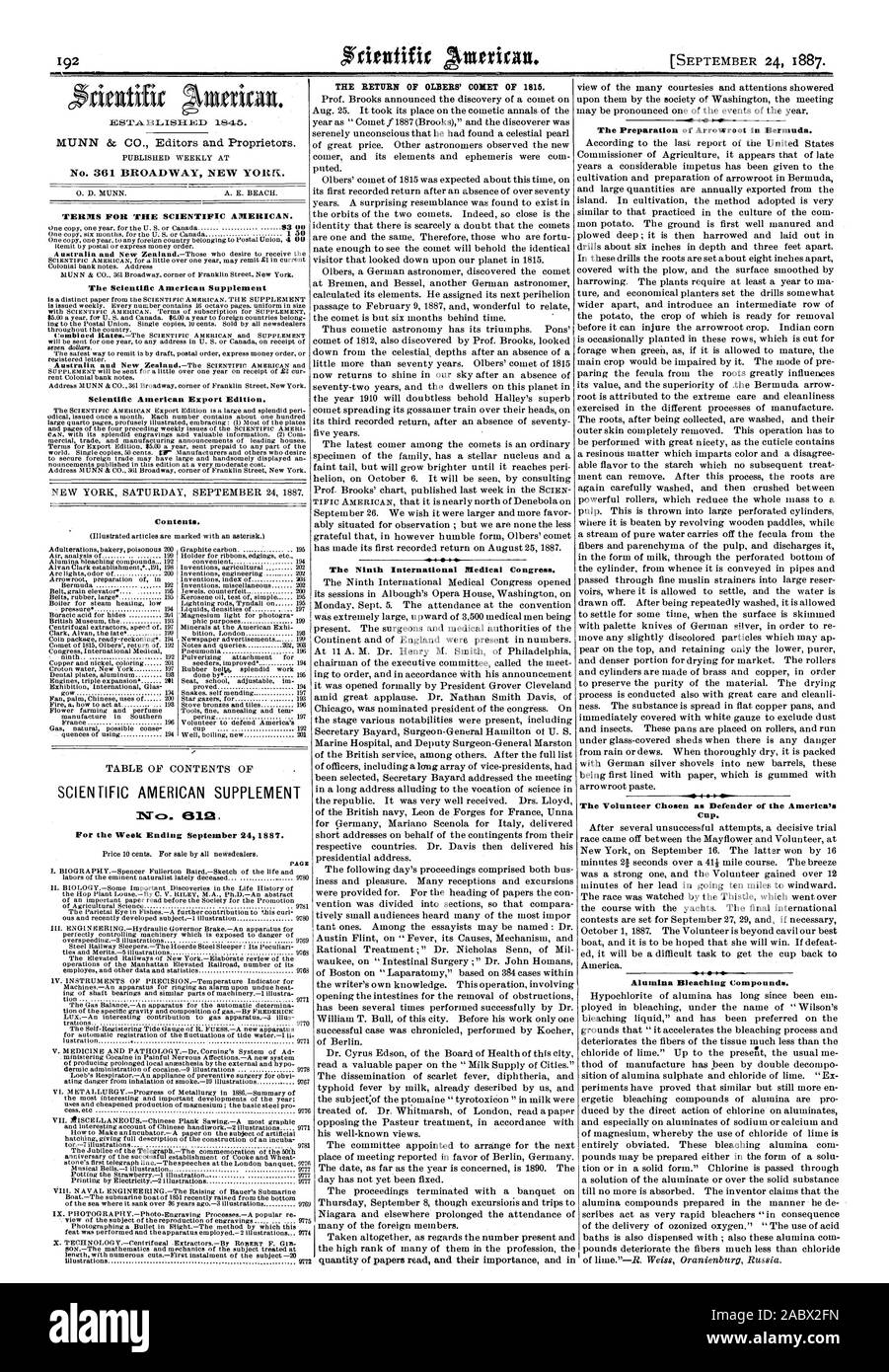 No 361 BROADWAY NEW YOltN. Conditions POUR LE SCIENTIFIC AMERICAN. Scientific American Édition exportation. Table des matières. SCIENTIFIC AMERICAN SUPPLEMENT Pour la semaine se terminant en septembre 241887. La page RETOUR DE °LEERS' COMÈTE DE 1815. Le neuvième congrès médical international. La préparation de l'arrowroot dans les Bermudes. 4 Le bénévole est choisi comme défenseur de l'America's Cup. Le blanchiment de l'alumine, 1887-09-24. Banque D'Images