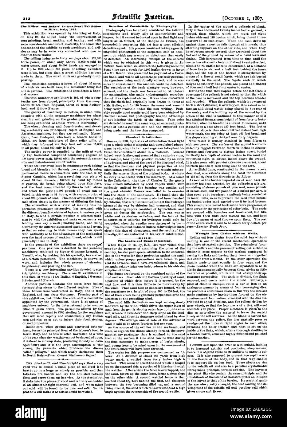 À Milan Italie 1887. Détection des contrefaçons par la photographie. La substitution de produits chimiques. Les Landes et les Dunes de Gascogne. angle contre la face arrière de la seconde wattle. Dans le centre de l'amas une palissade de planches de chaînes en fer forgé sans soudure. donne l'arôme et la saveur, Scientific American, 1887-10-01 Banque D'Images