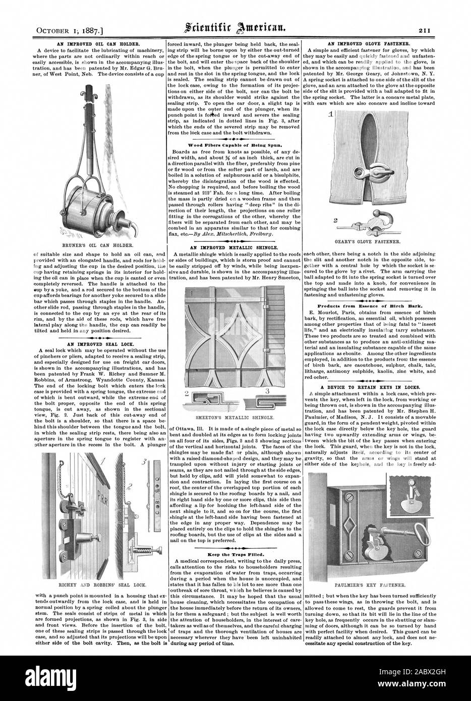 L'AMÉLIORATION DE L'HUILE PEUT TITULAIRE. BRUNER'S OIL PEUT TITULAIRE. Une amélioration de l'étanchéité. RICHEY ET ROBBINS' SEAL LOCK. Les fibres de bois susceptibles d'être filées. 4 - L'AMÉLIORATION DE BARDEAUX MÉTALLIQUES. Bip les pièges remplis. Une meilleure fixation des gants. GEARY'S GLOVE À GLISSIÈRE. 44I 4 Produits d'essence de l'écorce de bouleau. Un dispositif POUR RETENIR LES CLÉS DANS LES SERRURES. Le bardeau MÉTALLIQUE SMEETON. Clé de l'attache. PAULMIER, Scientific American, 1887-10-01 Banque D'Images