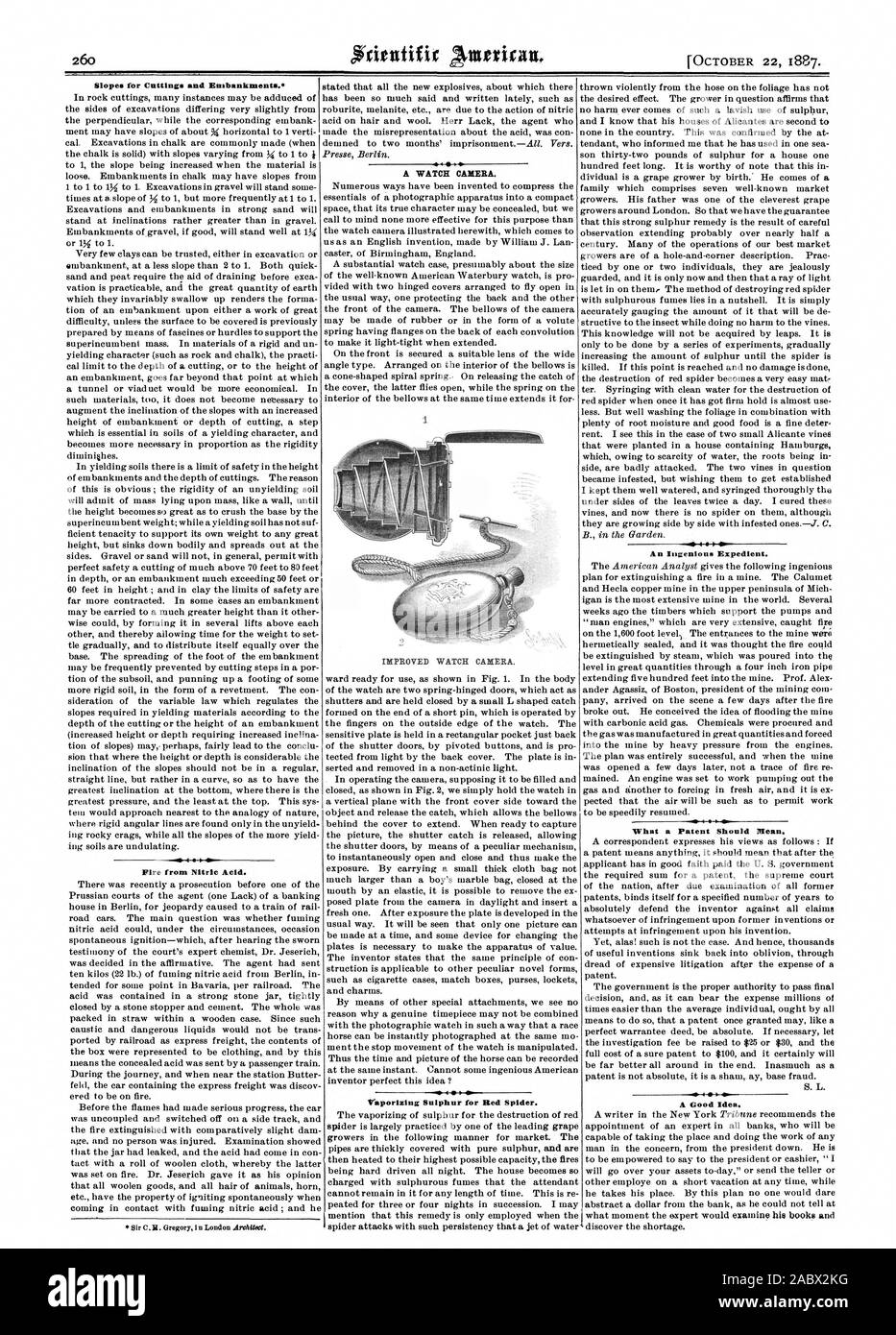 Les pentes des remblais et déblais. 40 L'incendie d'acide nitrique. Une caméra de surveillance. Caméra de surveillance améliorée. La vaporisation du soufre pour l'araignée. Un ingénieux expédient. Ce qu'un brevet devrait signifier. Pin 4 0 Une bonne idée., Scientific American, 1887-10-22 Banque D'Images