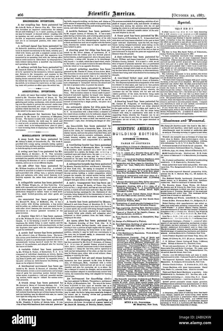 Les inventions techniques. Les inventions agricoles. Dispositions diverses inventions. Numéro d'octobre. Speciat. Qu'EST-CE QU'IL 1, Scientific American, 1887-10-11 Banque D'Images