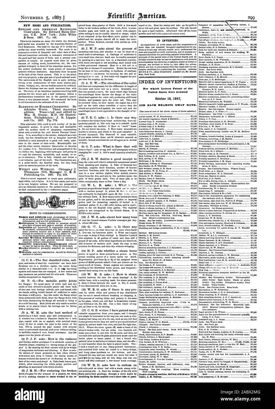 De nouveaux livres et de publications. L'ANGLAIS ET LES CHEMINS POUR LES INVENTEURS. INDEX DES INVENTIONS pour lesquelles Lettres patentes de l'United States ont été accordés le 18 octobre 1887 et chaque roulement CETTE DATE. Berceau A. H. Ordway 371700 371717 371828, Scientific American, 1887-11-05 Banque D'Images